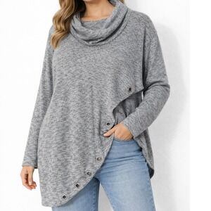 NY Collection Gray Cowl Neck Tunic Sweater Grommet Snap  Hem L/S Fits XL No Tag